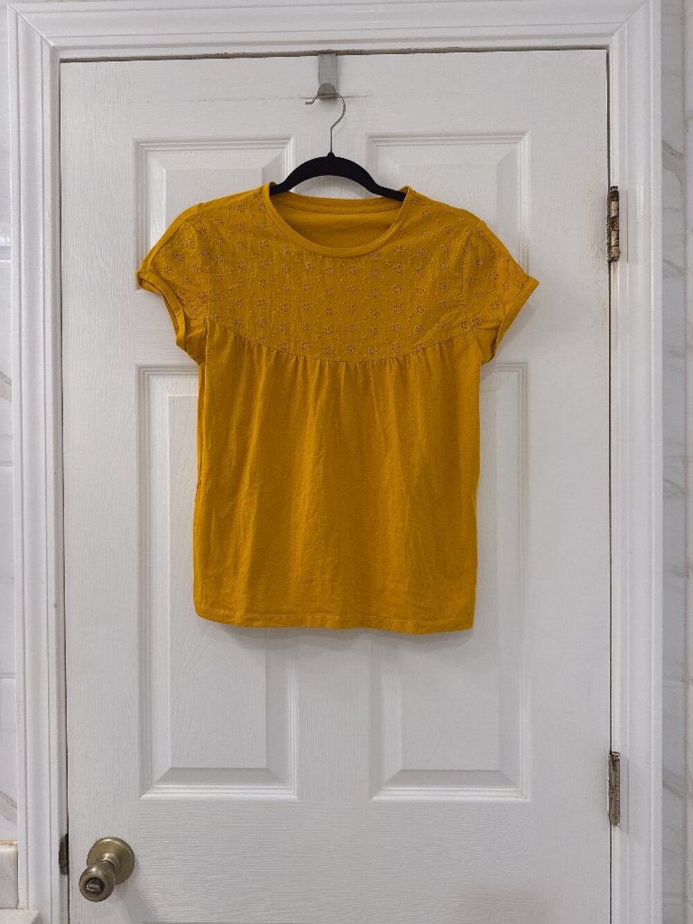 Vintage Mustard Yellow Eyelet Yoke Short Sleeve Top